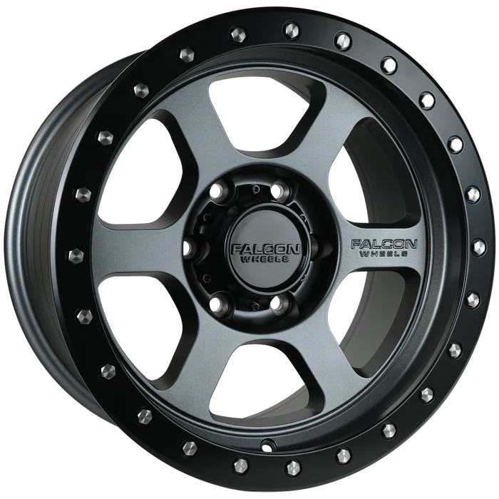 17x9 Falcon Wheels T1 Matte Gunmetal W/Matte Black Ring Wheel 6x5.5 Bolt Pattern 0mm Offset
