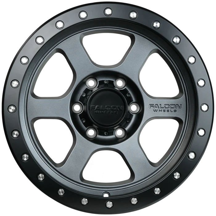 17x9 Falcon Wheels T1 Matte Gunmetal W/Matte Black Ring Wheel 6x5.5 Bolt Pattern 0mm Offset