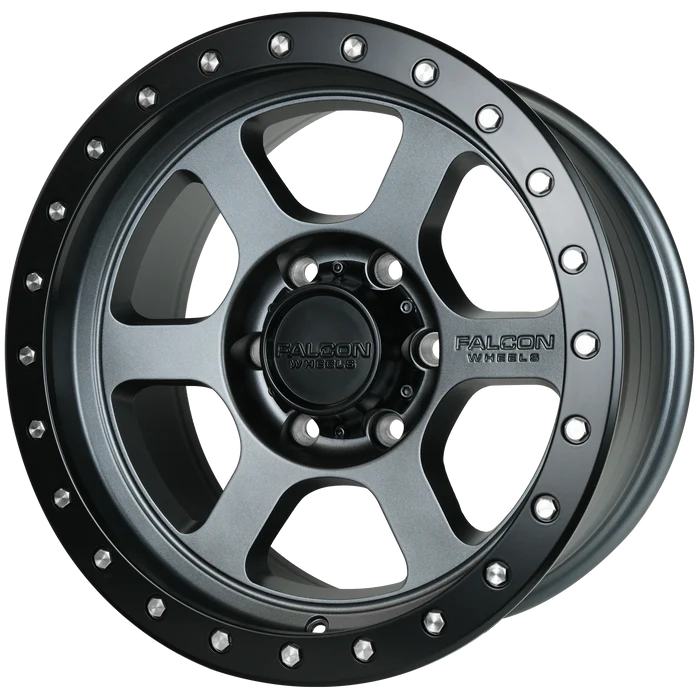 17x9 Falcon Wheels T1 Matte Gunmetal W/Matte Black Ring Wheel 6x5.5 Bolt Pattern 0mm Offset