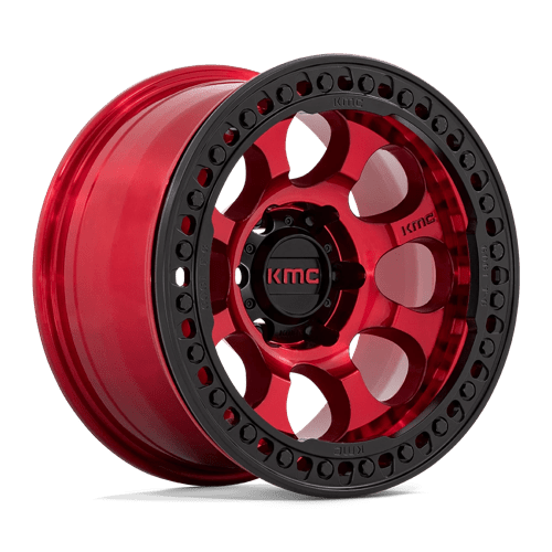 17x9 kmc km237 riot candy red w satin black ring beadlock wheel 6x5.5 bolt pattern 38mm offset