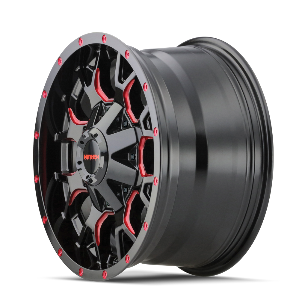 18x9 mayhem warrior gloss black milled prism red wheel 6x5.5 bolt pattern 18mm offset
