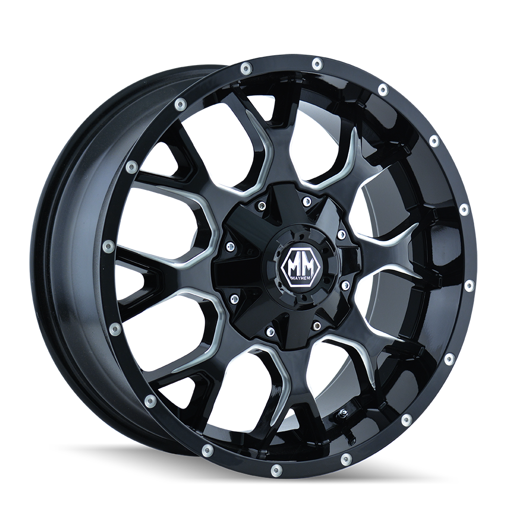 18x9 mayhem warrior gloss black milled wheel 6x5.5 bolt pattern 12mm offset