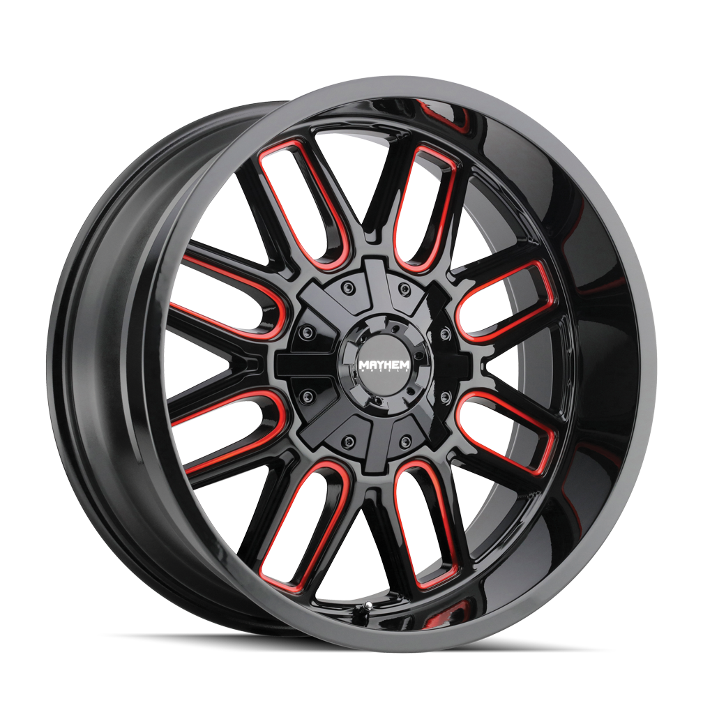 18x9 mayhem cogent gloss black milled prism red wheel 6x5.5 bolt pattern 0mm offset