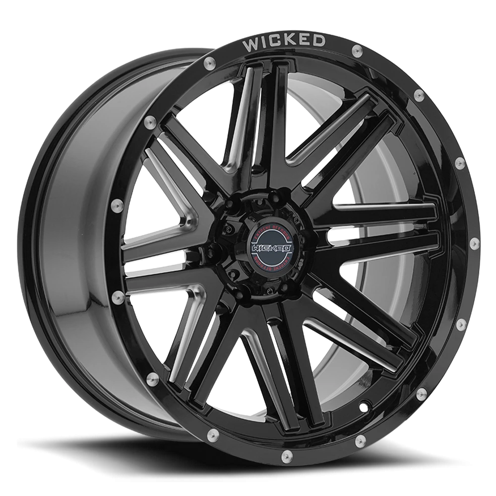 20x10 Wicked Off-Road W901 Gloss Black Milled Rivets Wheel 6x5.5 Bolt Pattern -12mm Offset