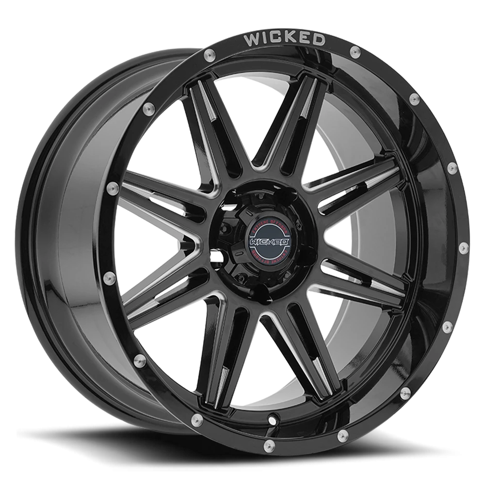 20x9 Wicked Off-Road W905 Gloss Black Milled Rivets Wheel 6x5.5 Bolt Pattern 0mm Offset