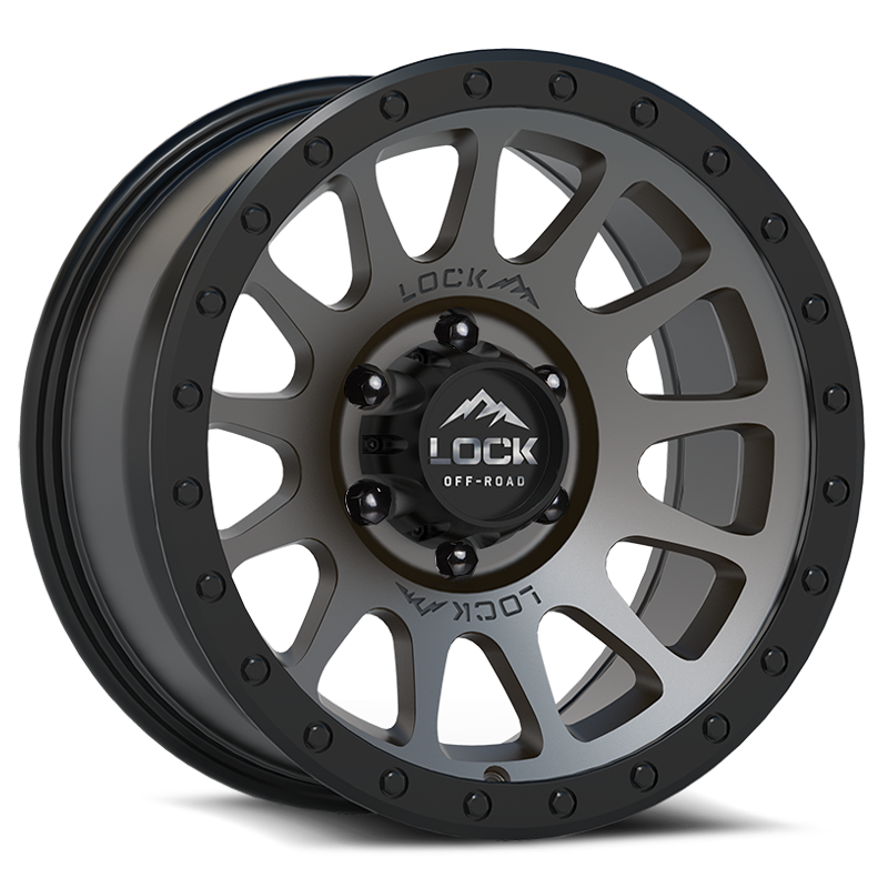 20x9 lock off-road yosemite matte grey w matte black ring wheel 6x5.5 bolt pattern 18mm offset